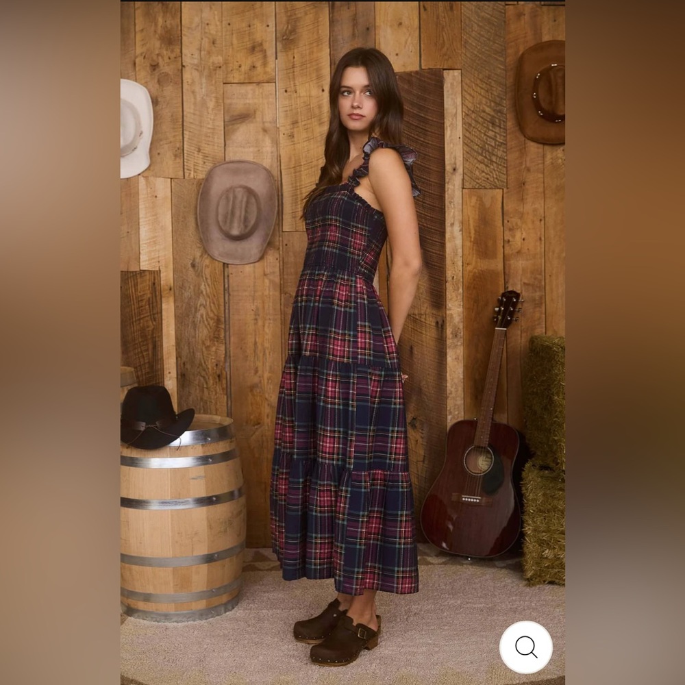 Plaid Tiered Maxi Dress with Smocked Bodice - Navy/Red NEW - Picture 3 of 3